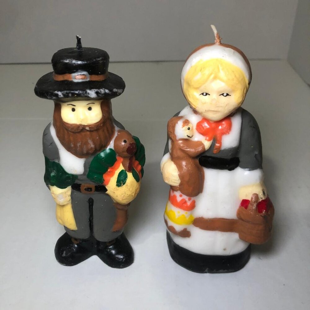 Vintage Thanksgiving Fall Candles Pilgrims Boy Girl Holiday